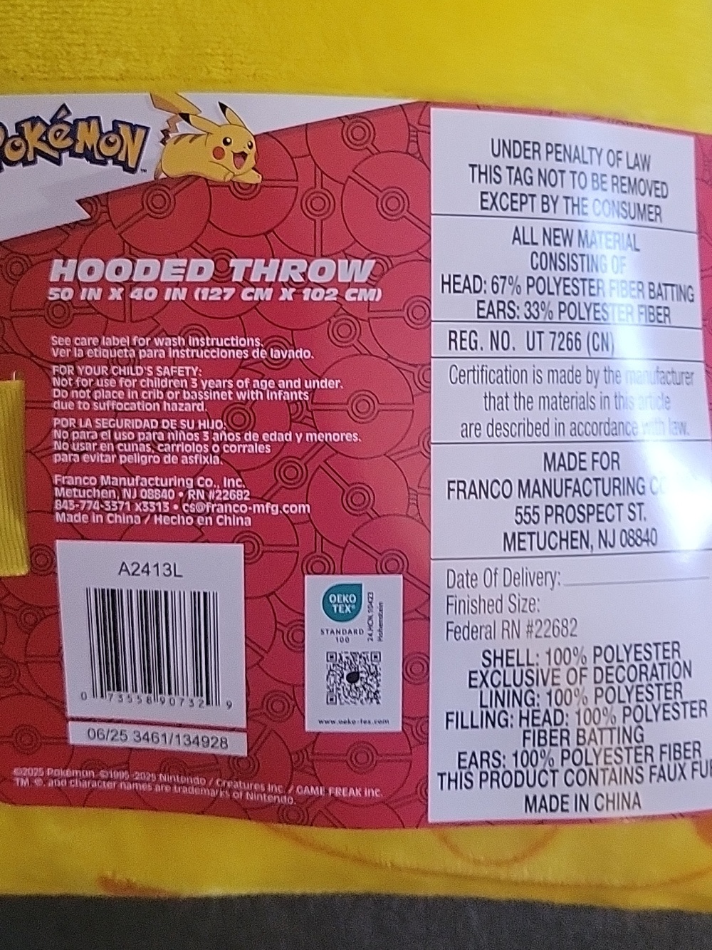 Pokemon Pikachu Hooded Throw Blanket - Yellow with Red Cheeks - Picture 3 of 3